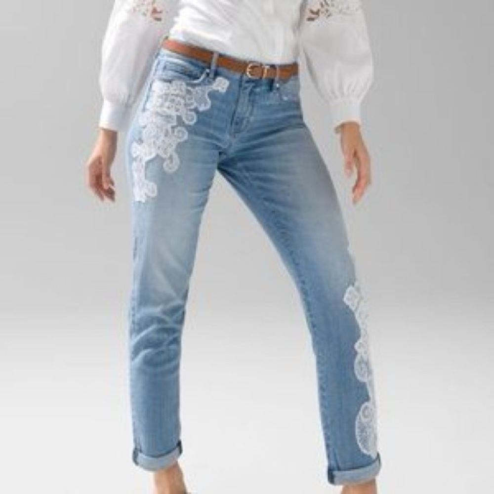 White House Black Market Blue Cropped Jeans with White Embroidery